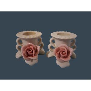 Karl Ens Volkstedt Porcelain Rose Candleholders Set Of 2 White And Pink Germany